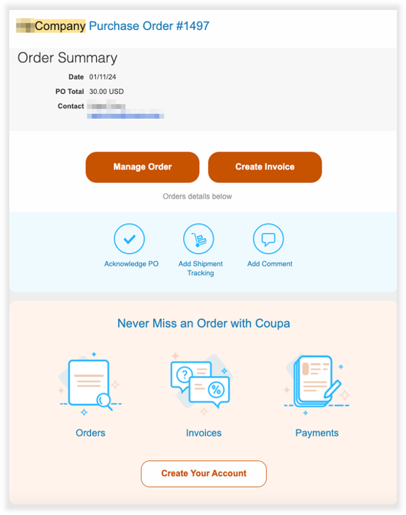 Company Purchase Order' shows at the top in bright-blue lettering with the PO number. A summary of the order shows below with large dark-orange buttons with 'Manage Order' and 'Create Invoice' in bold white letters. An option to 'Create Your Account' in the CSP shows at the bottom.